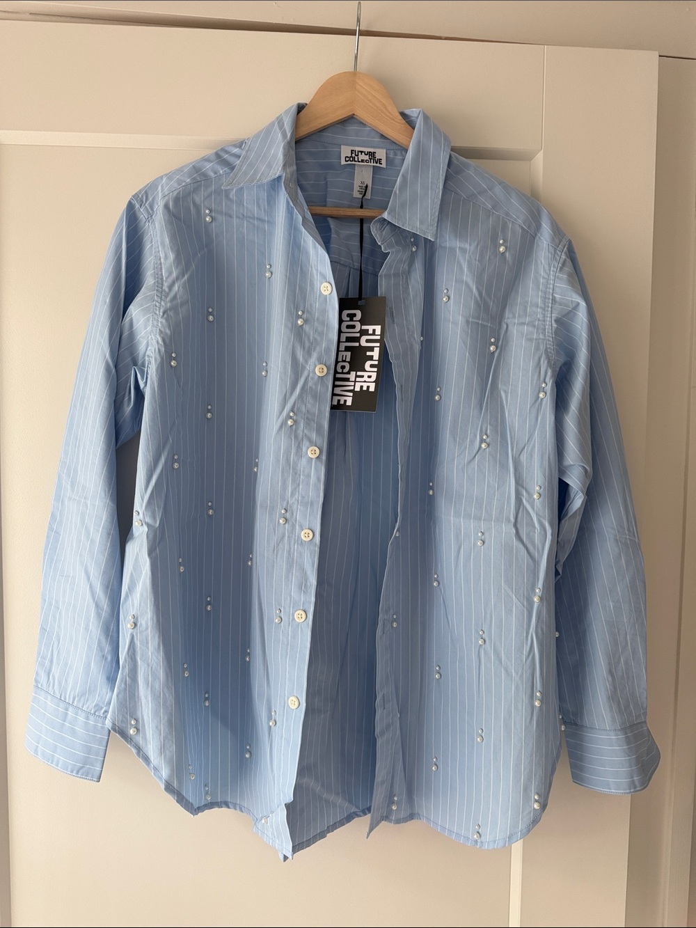 NWT Future Collective for Target Pinstripe Shirt with Pearl Embellishment